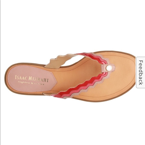 NIB Isaak Mizrahi Gina leather red pink scalloped trim sandal 6.5 flip flops - Picture 3 of 11